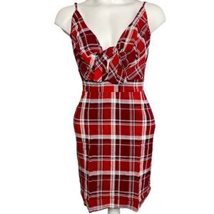Project 28 Mini Dress Women's MEDIUM Red White Black Plaid Adjustable Straps NEW